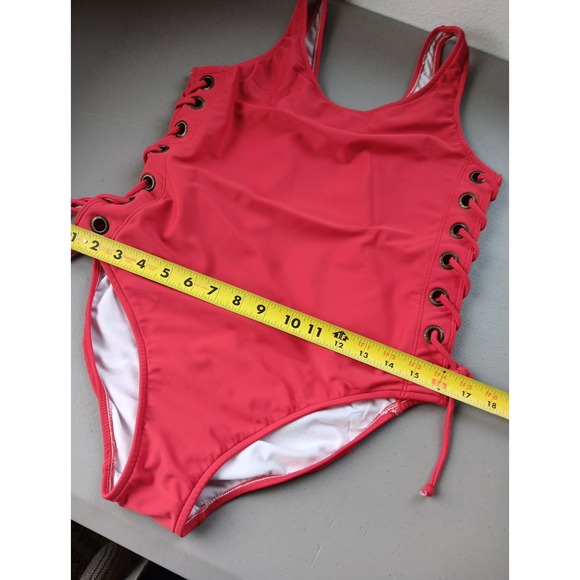 Vintage 80s Womens One Piece Swimsuit 12 Red High‎ Cut Sexy Baywatch Open Sides - Picture 11 of 12